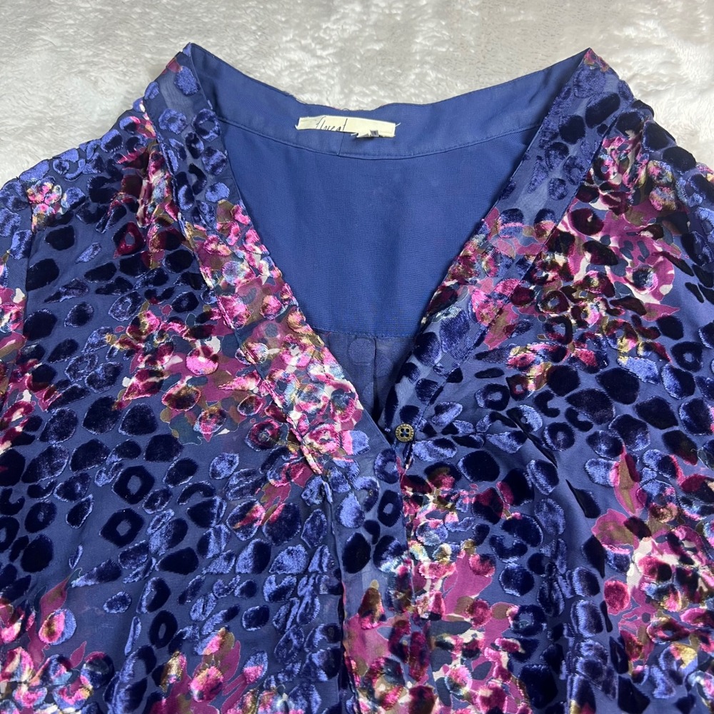 Floreat Women's M Blouse Blue Burnout Velvet Silk Blend Floral Leopard Print Top